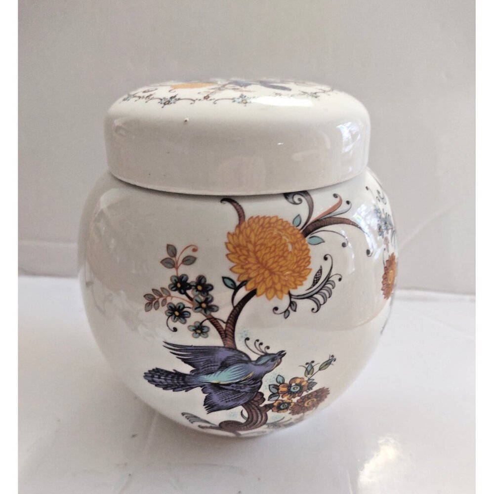 Vintage Sadler England Lidded Ginger Jar Blue Bird & Floral 1960